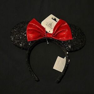 Disney Black Sequin Minnie Mouse Ears with Red Satin Shimmer Bow